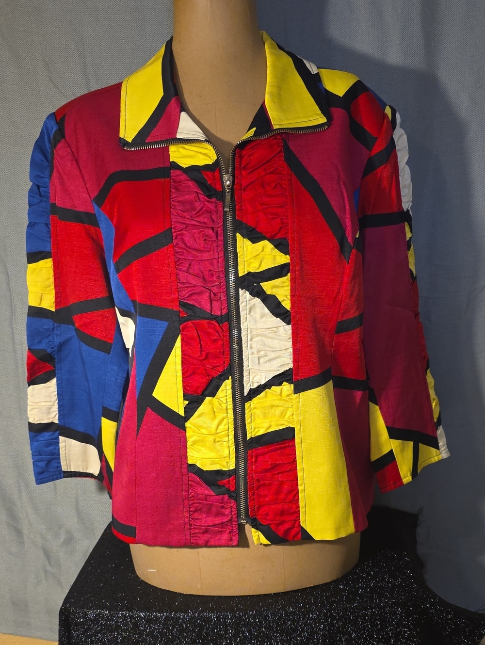 Colorblock Geometric Zip-Front Women's Blazer Jacket in Red, Yellow & Blue